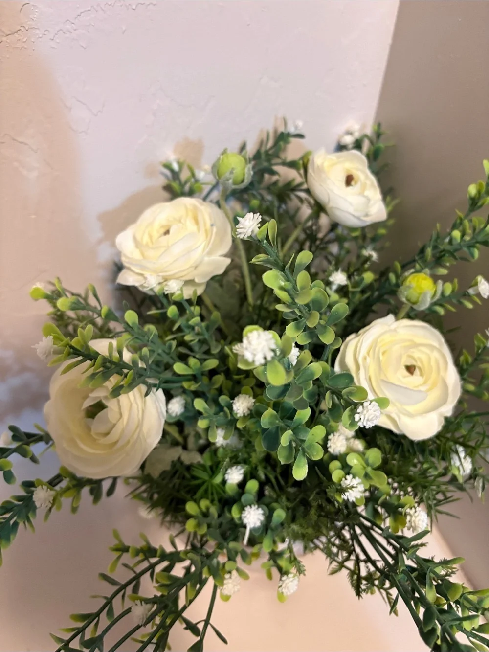 Cream Ranunculus and Greenery in Daisy-Pattern White Ceramic Pot